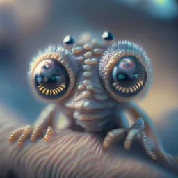 macro photography of a cute tiny alien creature, 8k resolution, photorealistic, ultra detailed