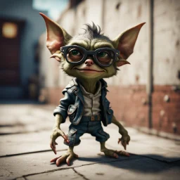 cool gremlin leaning against a wall, wearing flip down shaded glasses, in the style of a fallout 4,bokeh like f/0.8, tilt-shift lens 8k, high detail, smooth render, down-light, unreal engine, prize winning