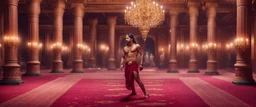 Hyper Realistic handsome Young shirtless muscular Indian king Dancing in a traditionally beautiful Indian palace with traditional pillars with small fancy chandeliers & beautiful maroon carpet at night