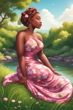 An airbrushed illustration of a curvy black cartoon woman sitting relaxed on a sunny riverbank, lush green grass surrounding her. Facing left in profile, she has flowing chestnut hair styled in an elaborate braided twist. complementing the pink floral maxi dress wrapped snugly around her exaggerated curves. One hand touches her cheek lightly as she looks to the distance, brown eyes enhanced by long lashes and purple eyeshadow. Bold brown lips match the brown flowers on her dress