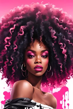 create a graffiti art style image with exaggerated features, 2k. with a black woman wearing a black off the shoulder blouse, ombre pink and white curly afro, white background