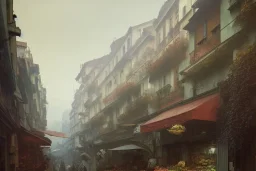 Hanoi train+train+corner building +A greengrocer in colorful genoa street+Italian medieval town +Italian city sea+alphonse mucha, greg rutkowski,matte painting, cryengine, hyper detailed, felix kelly, fantasy art, seb mckinnon