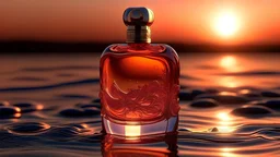 Generate me an aesthetic image of perfume bottle with plash of water in sunset