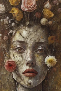 an abstract painting of flowers, by anselm kiefer and lucian freud, rust, scaffolding, iron cladding, decay, mixed media, textured, anatomically correct, beautiful perfect face, sharp focus, highly detailed