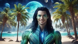 beautiful gorgeous young man na'vi with long hair, Avatar, blue skin, two small ears, green eyes, black hair, in cosmic suit, galactic ambiance, smiling, with spaceship and planets and palm trees and clear crystaline cosmic beach in background