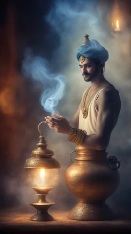 The aladin genie out of an old oil lamp in , Smokey ethereal, heavenly background