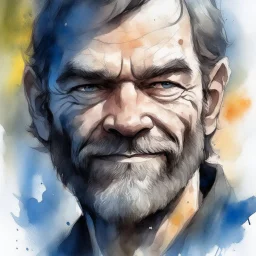 dnd, fantasy, watercolour, large strokes, stylistic, portrait, illustration, male, face, weathered face, sly, violent, evil, smiling