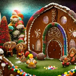 an intricate hobbit-style gingerbread house with rainbow sprinkles, frosting, candy, 8k resolution, centered, high-quality, ultrafine-detail, digital art, flickering light, detailed matte, volumetric lighting, illustration, 3D octane render, brian froud, howard lyon, ben goossens, George Grie, greg rutowski, alphonse mucha