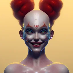 Ultra detailed very beautiful smileing cute clown girl,beautiful real skin, red nose, symmetrical, ultra detailed curl hair, soft lighting, ultra detailed face, concept art, circus,party, digital painting, octane render, art by artstation