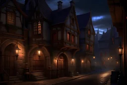 medieval inn, fantasy tow, view from streets, sign, night