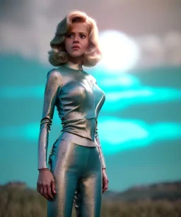 Ultra Realistic retro sci-fi movie, classic ovni levitating, 1960 year, waist up view portrait, blonde woman, sweet teenager Jane Fonda face, perfect cyan iris, glow eyes, face makeup, tight latex coat, retro glass helmet, Retro sci-fi style, soft color, highly detailed, unreal engine 5, ray tracing, RTX, lumen lighting, ultra detail, volumetric lighting, 3d, finely drawn, high definition, high resolution.