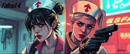 cyberpunk fallout 4, airbrush and pen outline, A cinematic, high-end advertisement image for a fictional service called “Spice Girl Nurse Party™”. Split-screen composition with two contrasting emotional states.