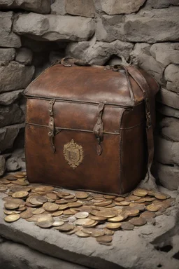 in the BASEMENT there is an old, broken brown oblong leather chest with short handles, from which gold coins from the time of Catherine the Great fall out. The ancient coat of arms of tsarist Russia, the double-headed eagle, is BARELY VISIBLE on the bag. There are a lot of broken bricks and earth around the bag. All in high quality 8K