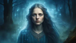 Old canvas, Portrait of a Medieval beautiful sad woman 20 years old, double exposure, fantasy, mystic, night, fog, blue, flowing hair, forest, bridge, water, sparkles, fireflies, fine rendering, bright colors, high resolution, 3D, clear lines , photorealism,