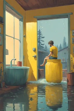 a picture of a guy bathing in a big yellow jar, he is in a boring home with his girlfriend, art style simon stålenhag