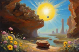 sunny day, planet in the sky, rocks, flowers, cliffs, sci-fi, friedrich eckenfelder and henry luyten impressionism paintings