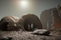 two women holding flashlights discovering a huge stone sarcophagus inside a cave