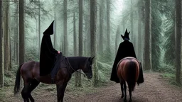 Dark robed wizard on a horse in the forest