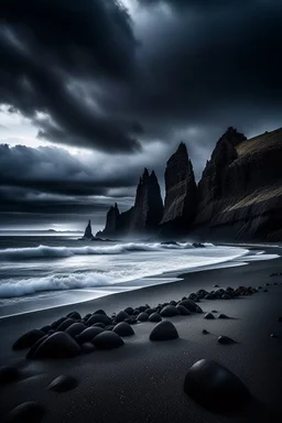 Reynisfjara Black Sand Beach, Iceland : A dramatic black sand beach with towering basalt columns, rendered in oil paint with thick impasto strokes to capture the rugged texture of the rocks. The sky is dark and stormy, with lightning illuminating the scene. Use a palette of cool tones to create a moody atmosphere, and incorporate a sense of awe and wonder through the dramatic contrast between the dark sky and the bright lightning. Rule of thirds, golden ratio, a giant spaceship hovering above