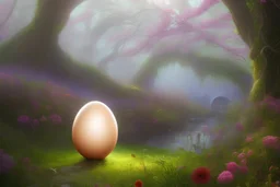 Fantasy magical glowing egg in beatiful spring blosson garden. highly detailed, digital painting, artstation, concept art, smooth, sharp focus, illustration