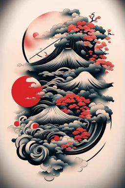 Create a captivating modern 2d colorfull ink Japanese tattoo design for print , using the elegant influences of japan art style, for print, dynamic elements from fashion and design, and bold Japanese art aesthetics, framing centered in the center, distanced from the edges of the paper perimeter, perfect anatomy, bauhaus, Divine Proportion,