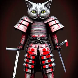 Chat, Modélisme trois dimensions, anthropomorphique, habillé comme un samurai, armure très détaillée, argent, rouge sang, réalisme