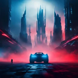 Ground level dark futuristic city scape. blue and red mist near the ground. Silhouette of a man. futuristic space car in the foreground