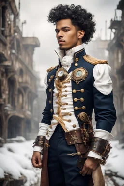 young mulatto man with wavy snow white hair, dressed in steampunk style naval uniform