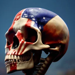 a picture of a dark, comedic, anatomically correct wall of red white and blue tightly packed stacked skulls of varying sizes and expressions, photo realistic, insanely meticulous, highly detailed, part of a collection of bones on display, 64k, dystopian, vray, anatomically correct