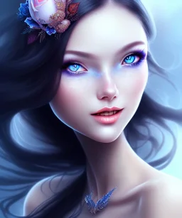 beautiful girl, black long hair, corsage, smile, blue eyes, fantasy art