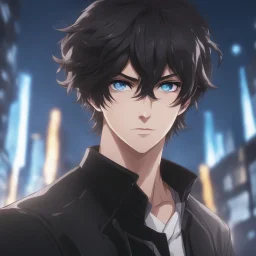 (masterpiece), (anime style), award winning, close up, centered, headshot, looking toward camera, messy black hair, young man, blue eyes, modern, dynamic lighting, ultra detailed, (epic composition, epic proportion), professional work, black clothes