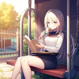 anime girl sitting on a porch swing, drinking a cup of coffee, writing in a book