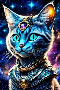 cute and weird stunning cat alien hybrid , galaxy, stars, fantasy, detailed, masterpiece intricate details, HDR, beautifully shot, sharp focus, 64 megapixels, sci-fi mood