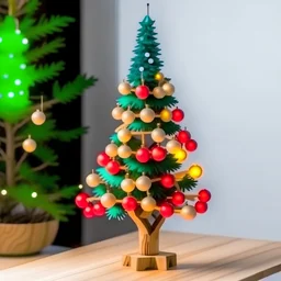 Árbol de madera forma de pino plano con guirnaldas luces y bolas rojas