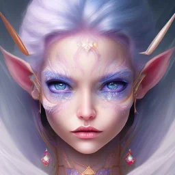 An elf with crystal blue eyes and magenta hair, white complexion, teardrop eyebrows, woman, angry expression