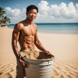 Give me an image of a philipino guy with a sand bucket