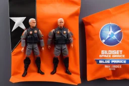 Mike Pence G.I. Joe toy Doll Space force uniform inside blister packaging hanging on a Wallrack in toystore, fluorescent orange, wide angle shot whole body, black boots, Bullets, fullsize