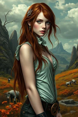 Photorealistic full-height photo of a fantasy skinny steampunk pin-up girl with long, dark ginger hair in a fantasy landscape
