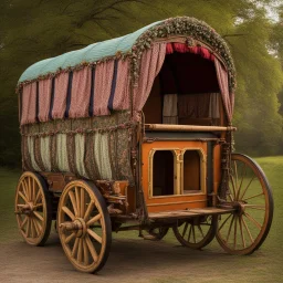 Old fashioned gypsy wagon decorated, curtains fluttering in the wind,