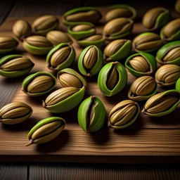 A wooden table with pieces of pistachios on it