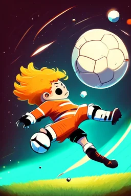 A person playing soccer in space scores a goal on Jupiter cartoon 2d