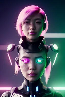 Waist up shot portrait, Asian cyborg woman :: symmetry photography, cyberpunk, pink hair, makeup, long line eye, light iris, :: latex coat, wires and circuits, pink, white, black :: cinematic, Ultra realistic, dark scene, soft color, highly detailed, unreal engine 5, RTX, ultra detail, 3d, finely drawn, high definition.