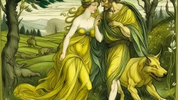 Procris, jealous of her husband Cephalus's relationship with the wind, follows him during a hunt and is accidentally injured by him, transforming into a spring after his death.