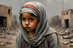 Grey sky, crying little palestinian girl wearing kuffeah , rocks, destroyed buildings , emotional influence, friedrich eckenfelder and willem maris impressionism paintings