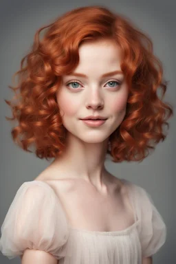 A short girl with thick short wavy red hair, narrow kind eyes with an enthusiastic look. A wide oval face is decorated with an upturned nose and small lips, a full-length ballerina