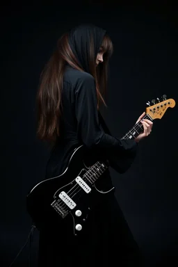 pretty goth girl(dressed in black flowing robes) facing viewer, playing electric rock guitar, leaning back, dark background, photo realism
