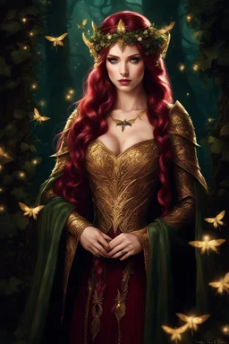 Burgundy hair, dark hair,dark red , rapunzel hair,very long hair,dark fairy princess,elven crown,night,dragonflies,beautiful,ong ashes,golden armor ,sparkle,night blooming,ivy,dark green,lilly of valley,golden elven crown,elven warrior,dark gold armor,extremely long hair