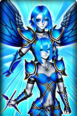 a person in runic armor with blue wings, blue short hair, runic tattoo and spell book