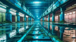 Ruined underground shopping mall, pools of water reflecting dying neon lights, looted shops with broken glass, creeping plants emerging between cracked tiles, faint fog, symmetrical composition, cinematic style