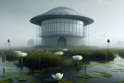 futuristic freeform Iranian beach house with void under mass of building in the marsh, Water lily on water surface wealth of flora, with dancing performance, fog and rain,